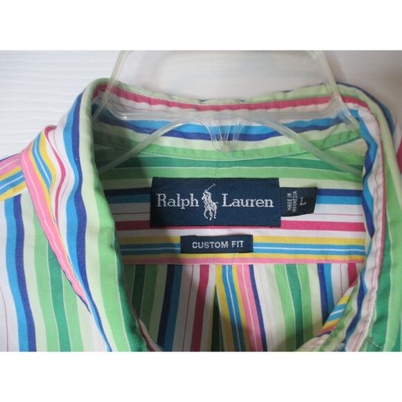 Polo Ralph Lauren Shirt Mens L Button Down Green Pink Vertical Stripe Oxford VTG - Picture 4 of 6